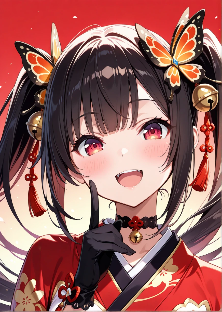 rating:safe,1girl,bell,solo,black_hair,gloves,hair_ornament,black_gloves,open_mouth,long_hair,jingle_bell,looking_at_viewer,bangs,red_eyes,smile,red_background,eyebrows_visible_through_hair,floating_hair,tassel,:d,hair_bell,mask_on_head,portrait,hand_up,sidelocks,tongue,choker,twintails,butterfly_hair_ornament,ribbon,blush,(bestquality:1.2),(very aesthetic:1.2),(absurdres:1.2),(ultra detailed)