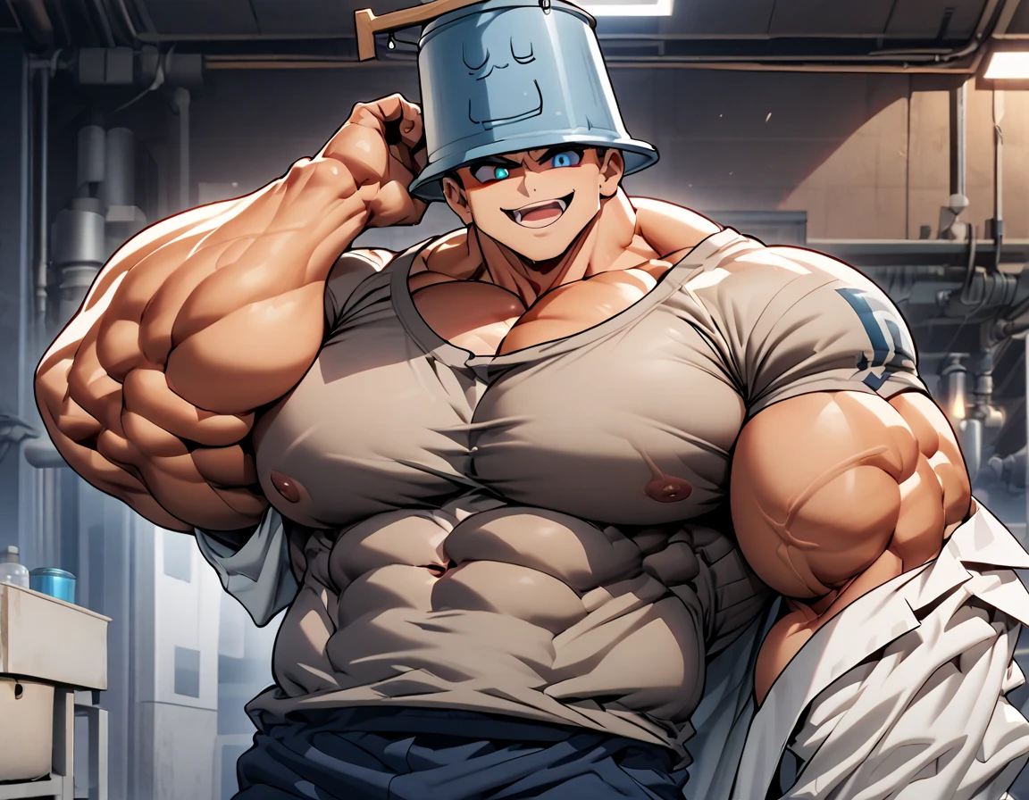  anatomically correct,  Max Image,( huge muscles, huge erect penis),zPDXL2,rating_safe,blue eyes,1boy,Alone,male focus,shirt,looking at viewer,object on head,smile,mismatched sclera,colored sclera,(black sclera:0.5),bucket on head,(hand on headwear:0.8),oversized clothes,open mouth,bucket,upper body,lab coat,(:0.5),Chibi