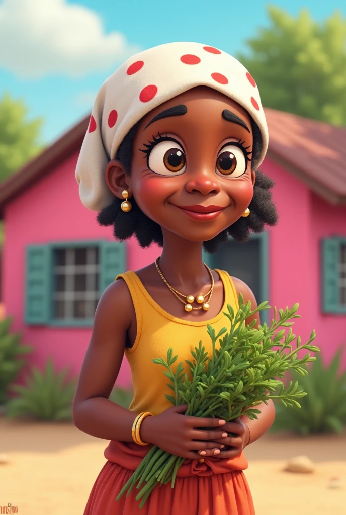 Cartoon of an elderly woman of African descent, kind look, wearing a white handkerchief with red dots covering her hair, holding herbs in front of a pink house .