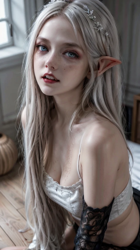 UHD, A beautiful vampire-girl, long blonde hair with white highlights, long pointed ears, elven ears. Bright gray eyes (Ultra definition on eyes), perfect gray eyes, (Realistic freckles:1.2). Her face is extremely cute with a lustful smile, exposing vampire fangs, exposed fangs. Her body is small, thin body, big breasts. (Black Crop top, red skirt, black stockings, long black gloves, black silk scarf). She is sitting on her knees on the bed