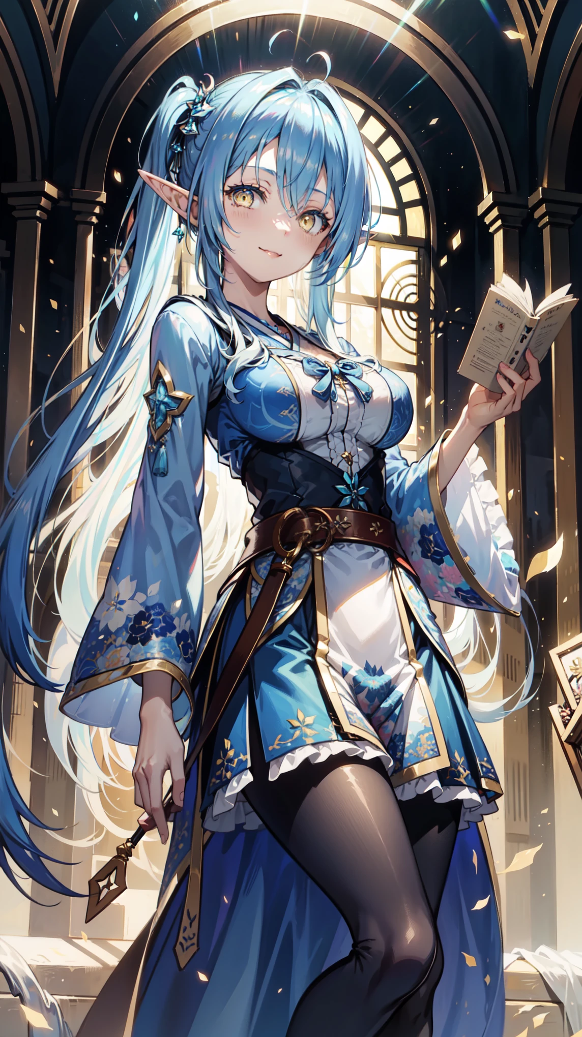 Anime Girl,   Fantasy Illustration  ,  blue dress ，Blue Japanese long skirt， transparent clothes， Beautiful young elf, Dark blue hair，Twin ponytails，Hair style editor ，have， happy ，beautiful fantasy anime , 闪亮 blue dress , Ethereal Anime, Beautiful anime works ,  Beautiful digital art ,  Anime Fantasy Art ，lamy，Assistant suit ，belt，，Tights， pantyhose ，Short skirt， cute shape, Medium Breast,  random troublesome girlfriend pose ,Lovely smile,Big cities、 golden eyes、Dye your hair、Powder blue hair、穿上带have毛皮的蓬松长外套、Female pose、 Blur Background 