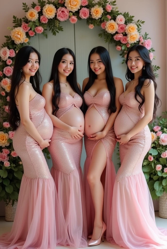 beautiful detailed eyes, naked girl, sensual, beautiful detailed lips, extremely detailed eyes and face, long eyelashes, pregnant woman, nude, smile, bangs hair, red nails, tropical garden, beautiful detailed skin, photorealistic, 8K, high quality, masterpiece, cinematic lighting,  earring, makeup