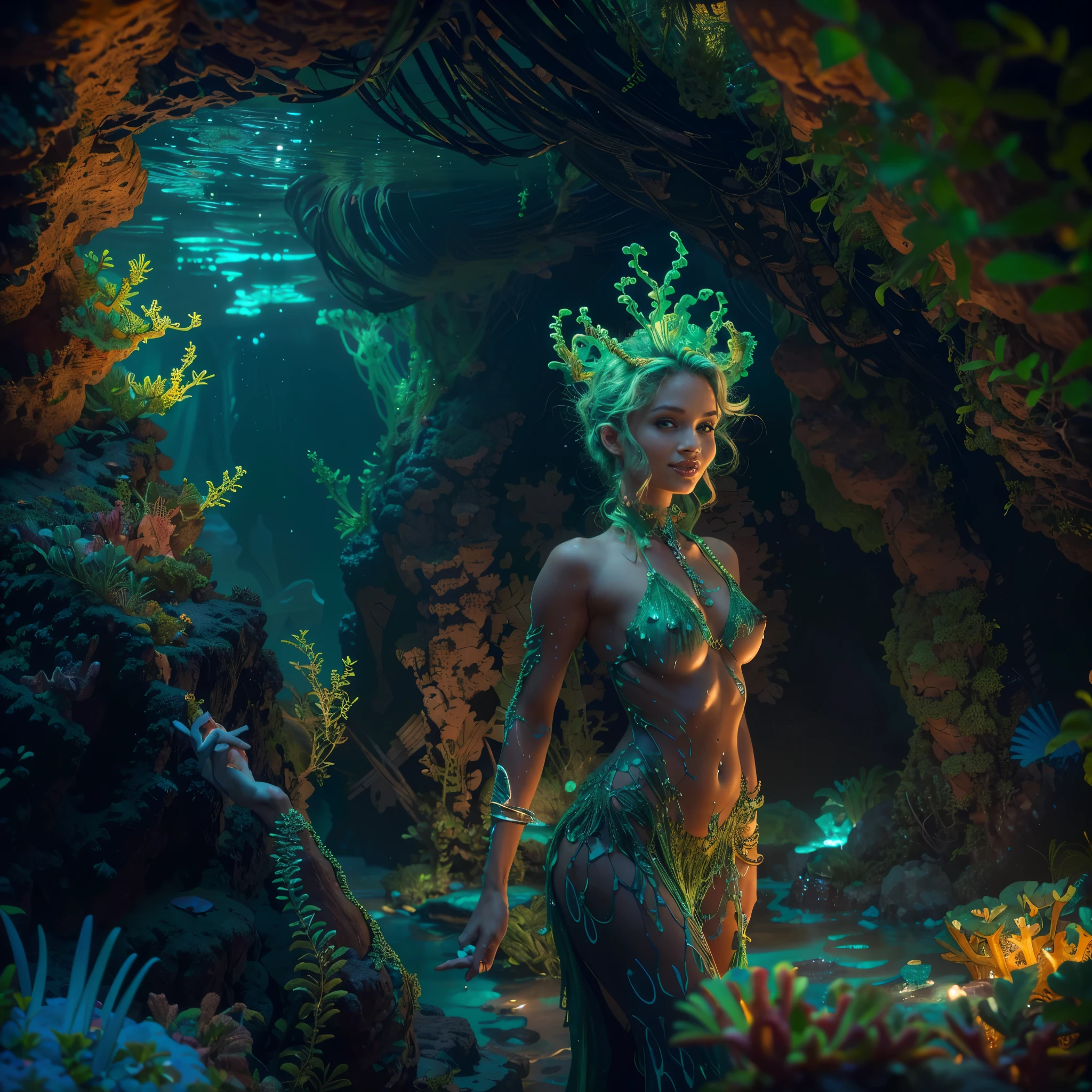The creature looks like a beautiful mermaid, there are many different sea creatures around, they all glow like fireflies