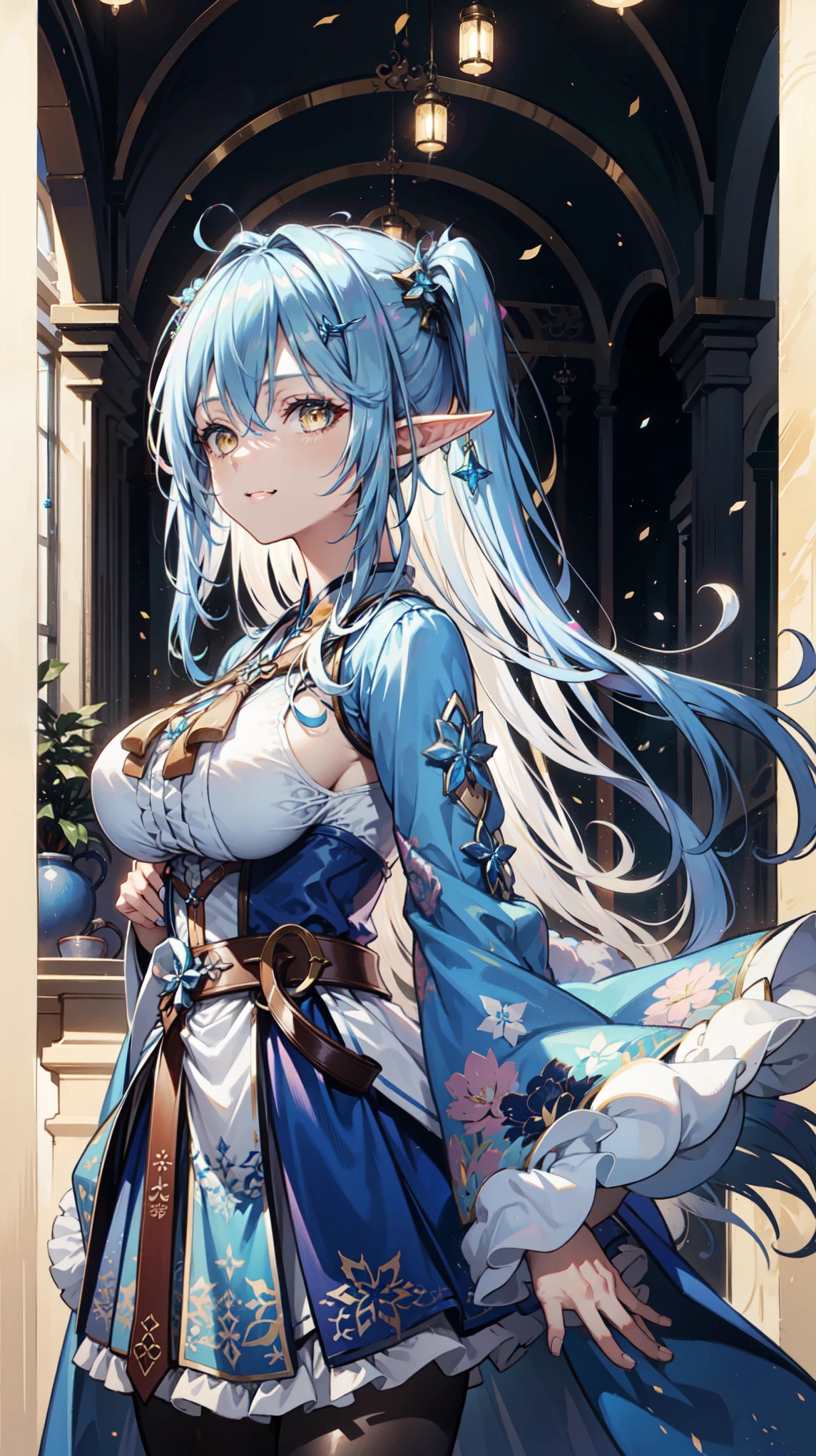 Anime Girl, Fantasy Illustration , blue dress ,Blue Japanese long skirt, transparent clothes, Beautiful young elf, Dark blue hair,Twin ponytails,Hair style editor ,have, happy ,beautiful fantasy anime , 闪亮 blue dress , Ethereal Anime, Beautiful anime works , Beautiful digital art , Anime Fantasy Art ,lamy,Assistant suit ,belt,,Tights, pantyhose ,Short skirt, cute shape, Medium Breast, random troublesome girlfriend pose ,Lovely smile,Big cities、 golden eyes、Dye your hair、Powder blue hair、穿上带have毛皮的蓬松长外套、Female pose、 Blur Background