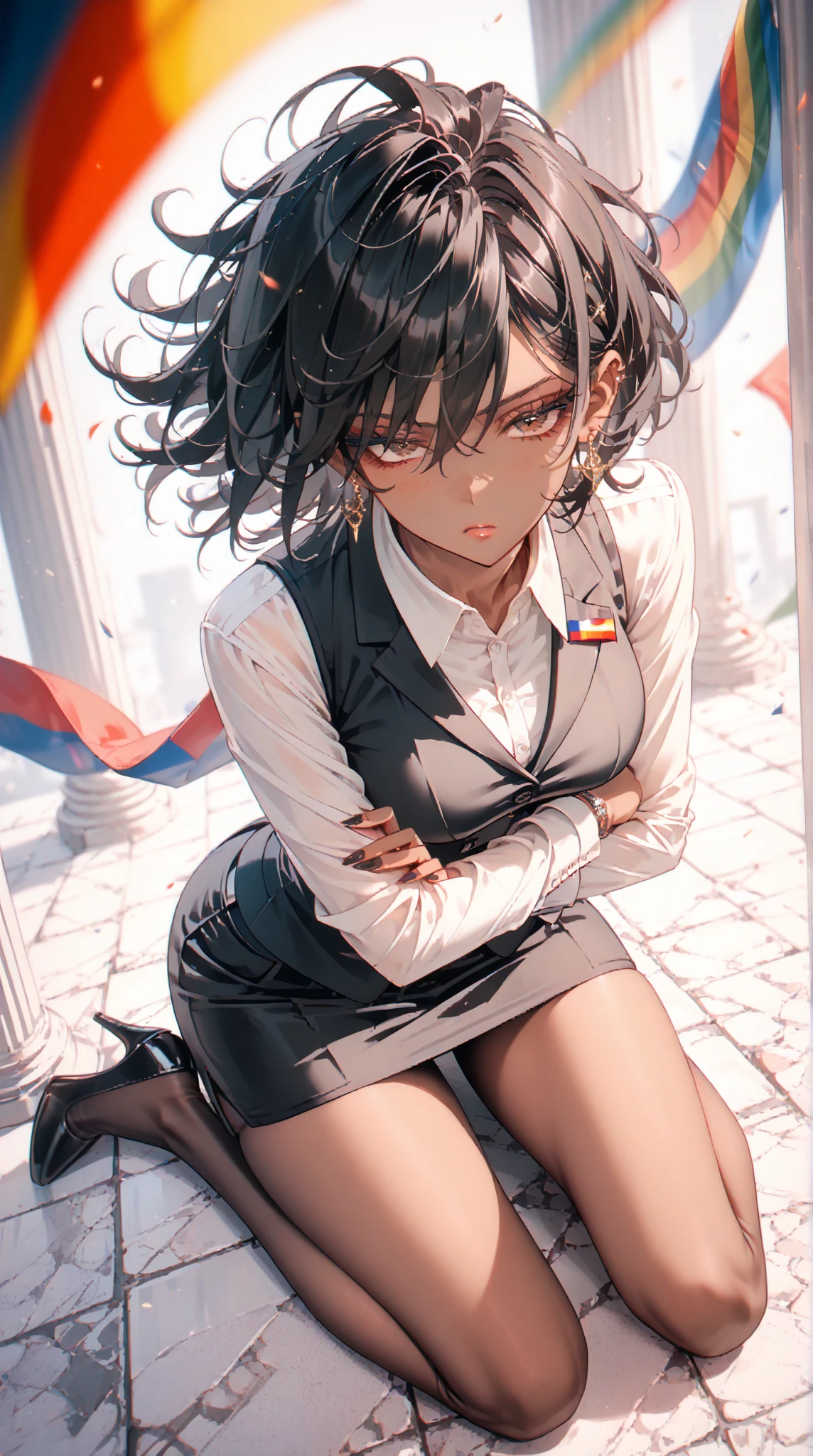 score_9,score_8_up,ultra details,highres,absurdres, 1girl, slim, hourglass body,masterpiece,best quality,amazing quality,very aesthetic,absurdres, 1girl, black hair, bangs, curvy, brown eyes, half closed eyes, black hair, bob cut, curly hair, messy hair, side bangs, medium breasts, annoyed face, full body, 
closed eyes, dark-skinned female, dark skin, ((crop top vest)), suit outfit, ((press conference)), micro, badass, colombia flag, beautiful face, mascara, black eyeliner, lips, dynamic angle , absurdres, very aesthetic, best quality, masterpiece, pantyhose, skirt, suit, heels, earring, crossed arm, suit jacket on shoulders, sit, blurry background, pastel style 