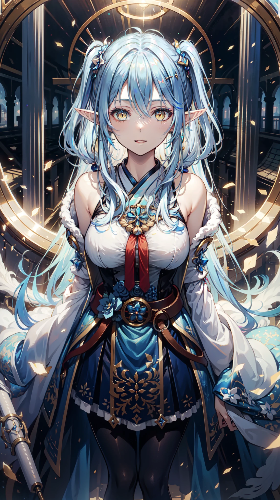 Anime Girl, Fantasy Illustration , blue dress ,Blue Japanese long skirt, transparent clothes, Beautiful young elf, Dark blue hair,Twin ponytails,Hair style editor ,have, happy ,beautiful fantasy anime , 闪亮 blue dress , Ethereal Anime, Beautiful anime works , Beautiful digital art , Anime Fantasy Art ,lamy,Assistant suit ,belt,,Tights, pantyhose ,Short skirt, cute shape, Medium Breast, random troublesome girlfriend pose ,Lovely smile,Big cities、 golden eyes、Dye your hair、Powder blue hair、穿上带have毛皮的蓬松长外套、Female pose、 Blur Background