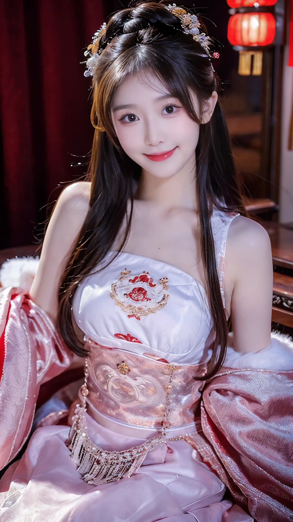 ung empress wearing red lace top, deep-breasted nightgown, Chinese-style clothes, ancient costumes with many phoenix patterns, flawless white and pink face, crown on her head, black hair hip length, very beautiful and sharp brown eyes, small red lips, painted lips, charming smile, jewelry worn around the neck, earrings, white and even teeth, high nose, big round breasts, elongated legs, thin mesh black socks, portrait, most realistic, highest quality, best pixels, 8k ultra,