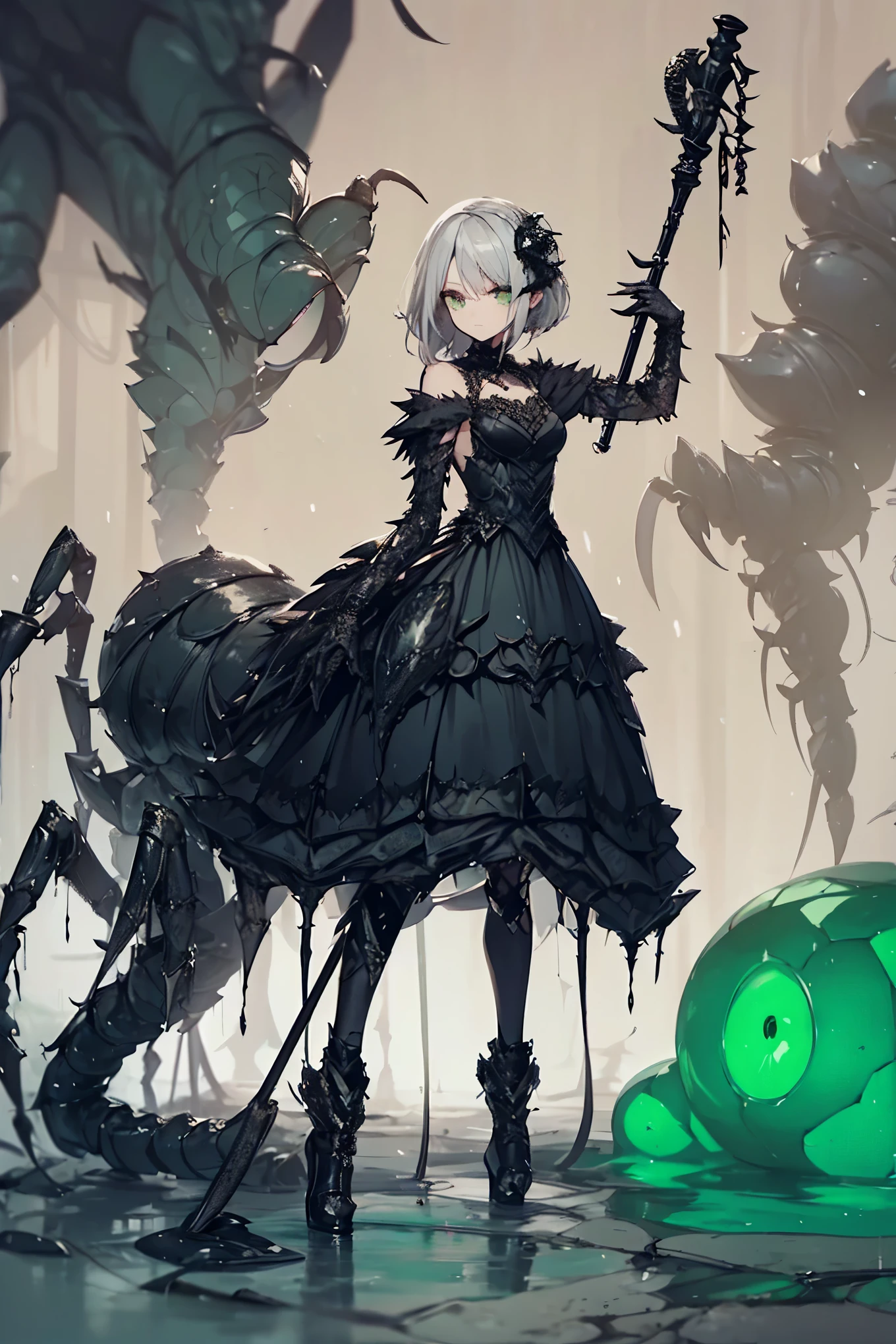 Scorpion girl. Black gothic dress. Scorpion tail. tail encased in a black shell. Crustacean. Gothic Cane. Silver hair. Horror eyes. Single braid. Crustacean left hand. Black gloves. Spider eyes in her hair. Dripping green mucus.