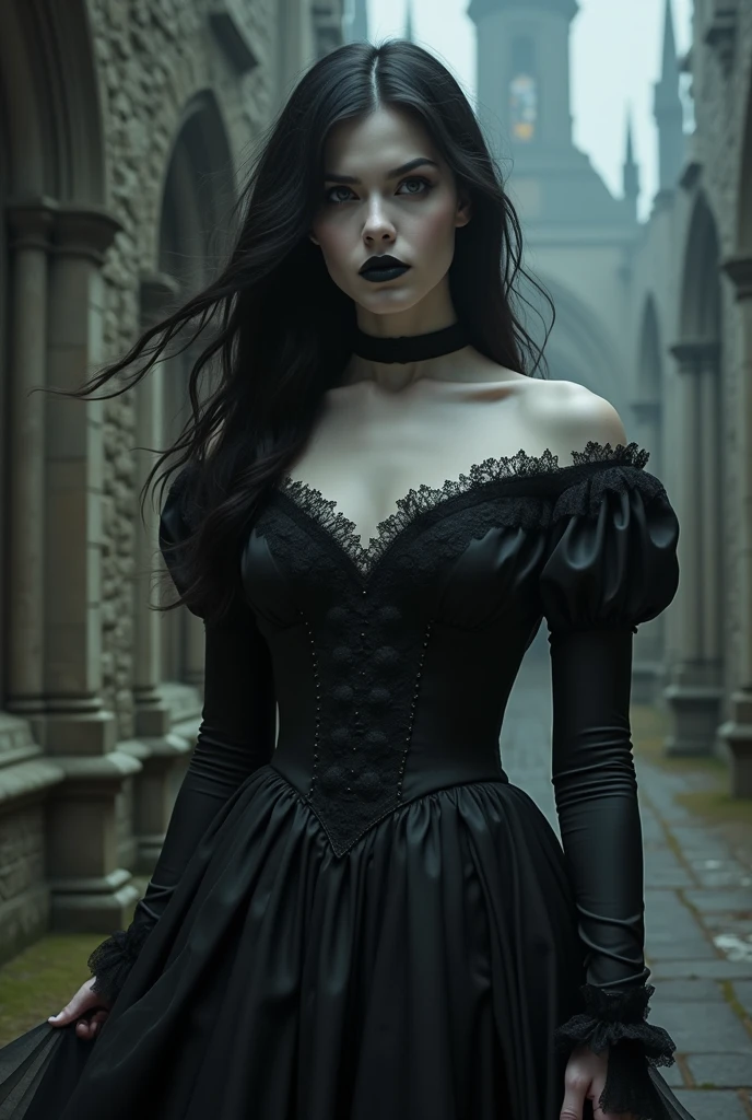 in a Gothic evening dress with long lace sleeves and a plunging neckline, standing against the background of an old castle. She should be posed in a way that shows her mystery and grace, for example, with one hand gently touching her neck and the other holding the edges of the dress. It is important to capture the play of shadows on her face, emphasizing the drama of the scene."
