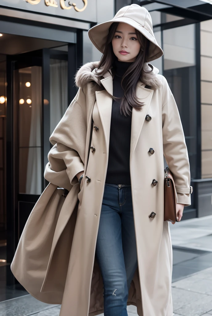 a woman in a long coat with a fur collar, inspired by Cao Zhibai, leather duffle coat, brown tuffle coat, coat decollete jodhpurs, hooded fur coat, grey tarnished longcoat