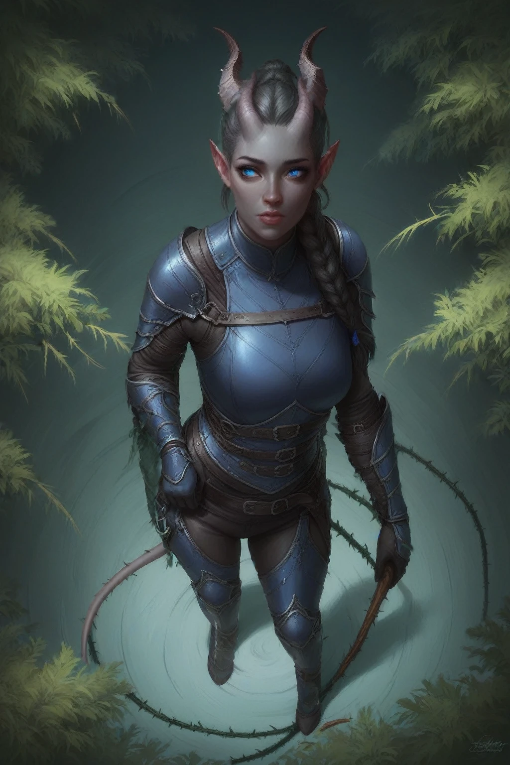 The dark forest ,  grows cedar  ,  everywhere. (1Тiefling  , ( dark blue-gray skin The full-length body ),    expressive face    ,   Curious    ( black and blue eyes  ) , (30 years old) , (  small thick dark gray segmented straight horns   ,  girl ,  dark grey hair ,   small nose  , small lips, (( dark blue leather )), ( long fat dragon armored blue-grey tiefling tail with brush), (easy ,   full-body grey leather armor ,  gray leather armor ), dark gray trousers), One,  full length, Against the background of a тёмного леса,  standing in the water of a lake with clear water , blue tones (a book and a twisted staff in his hand) (( in full height, there are thorns and long winding roots half-turned ,   view from above  ,  looks from behind with its back with its back))   Epic digital fantasy art style  ,   epic fantasy style  ,   very detailed artgerm work , (Fantasy 4k art), anime art,   fine art  .