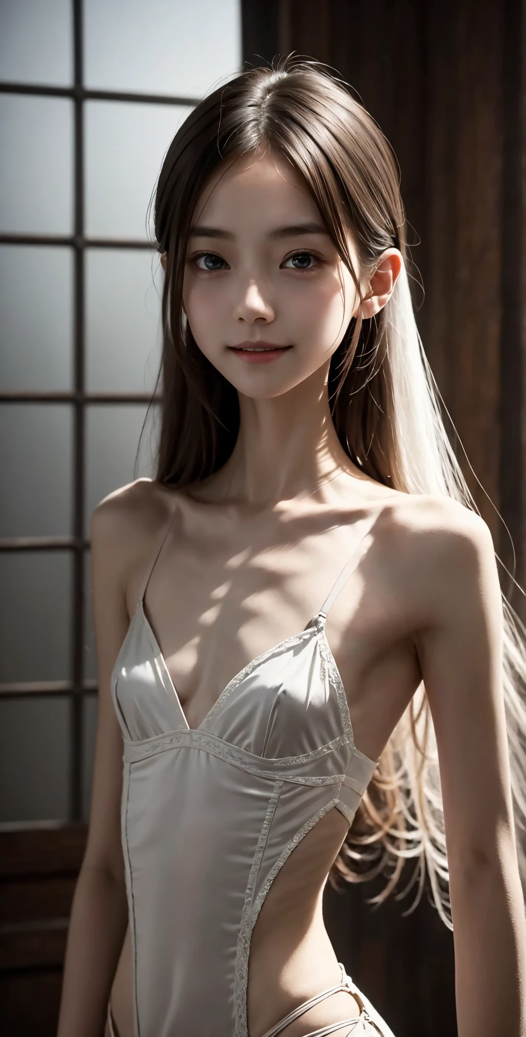 Thin arms,Narrow shoulders,delicate, very skinny ,公式art,  Unity 8k Wallpaper,  super detailed, beautiful, beautiful, masterpiece,  best quality, Darkness,  vibe, mystery, Romanticism, Creepy, literature, art, fashion,  victorian , race,  supernatural ,smile, white skin