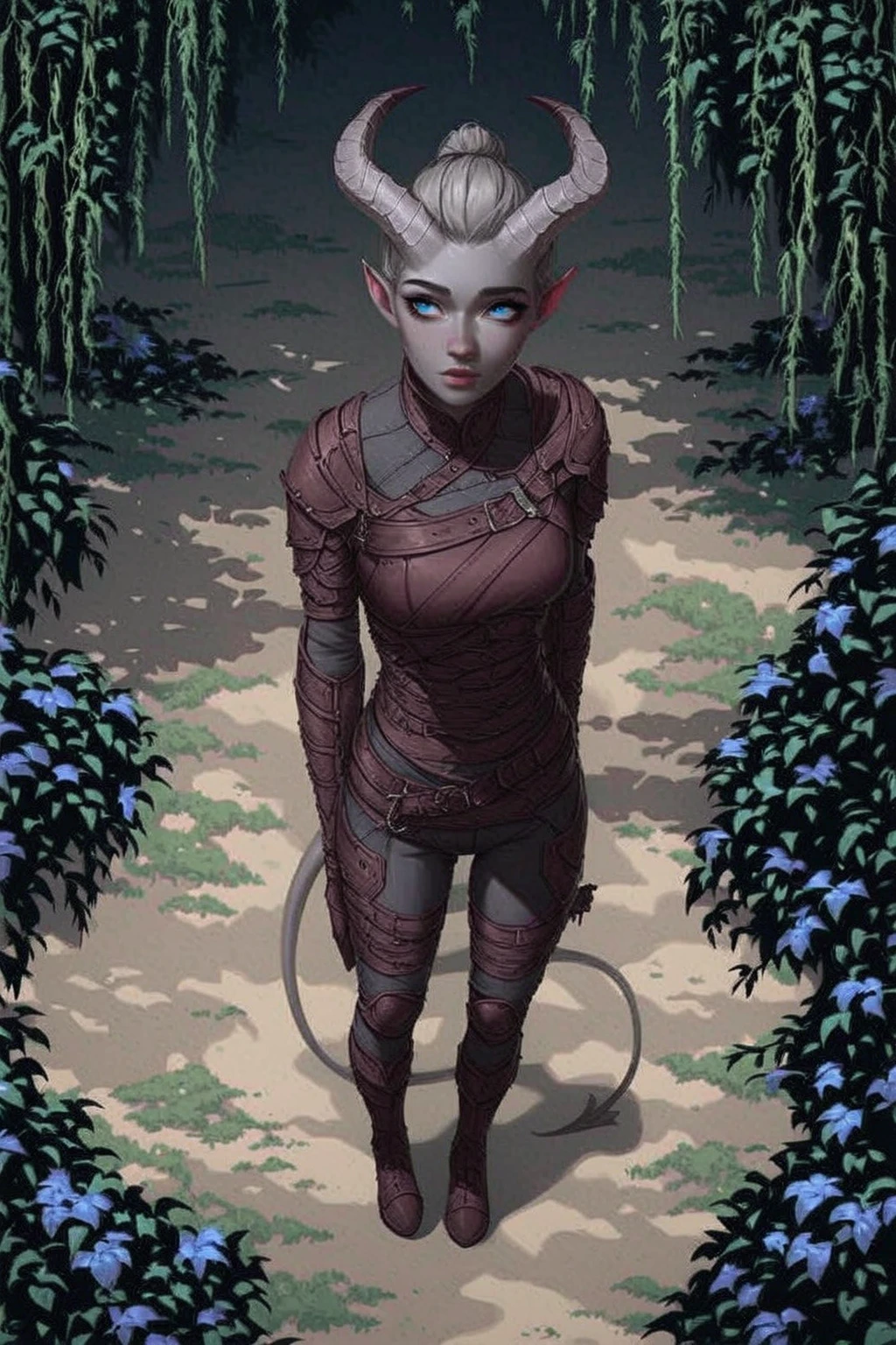 The dark forest ,  grows cedar  ,  everywhere. (1Тiefling  , ( dark blue-gray skin The full-length body ),    expressive face    ,   Curious    ( black and blue eyes  ) , (30 years old) , (  small thick dark gray segmented straight horns   ,  girl ,  dark grey hair ,   small nose  , small lips, (( dark blue leather )), ( long fat dragon armored blue-grey tiefling tail with brush), (easy ,   full-body grey leather armor ,  gray leather armor ), dark gray trousers), One,  full length, Against the background of a тёмного леса,  standing in the water of a lake with clear water , blue tones (a book and a twisted staff in his hand) (( in full height, there are thorns and long winding roots half-turned ,   view from above  ,  looks from behind with its back with its back))   Epic digital fantasy art style  ,   epic fantasy style  ,   very detailed artgerm work , (Fantasy 4k art), anime art,   fine art  .