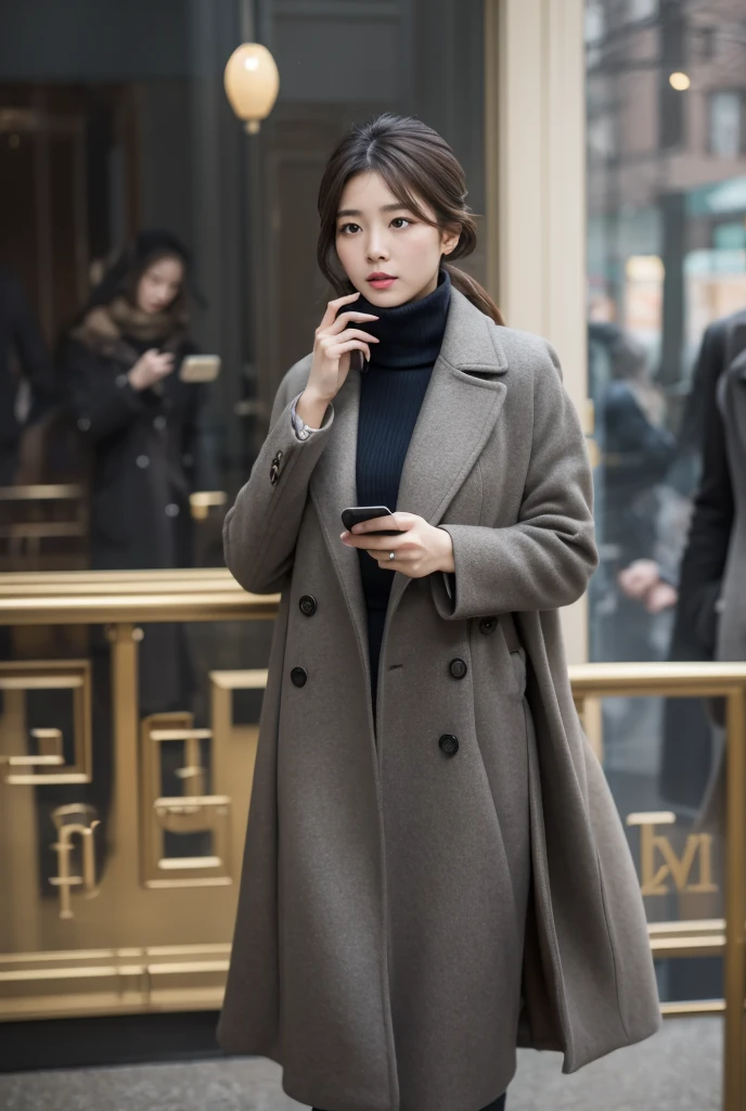 a woman in a coat and a scarf is holding a cell phone, tonalism, neoclassicism, inspired by Li Rongjin, grey turtleneck coat, grey tarnished longcoat, brown tuffle coat, tuffle coat, technological longcoat
