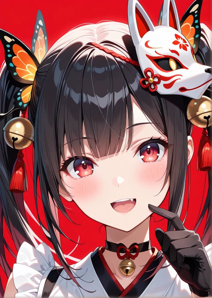 rating:safe,1girl,bell,solo,black_hair,gloves,hair_ornament,black_gloves,open_mouth,long_hair,jingle_bell,looking_at_viewer,bangs,red_eyes,smile,red_background,eyebrows_visible_through_hair,floating_hair,tassel,:d,hair_bell,mask_on_head,mask,demon_mask,portrait,hand_up,sidelocks,tongue,choker,twintails,butterfly_hair_ornament,ribbon,blush,(bestquality:1.2),(very aesthetic:1.2),(absurdres:1.2),(ultra detailed)