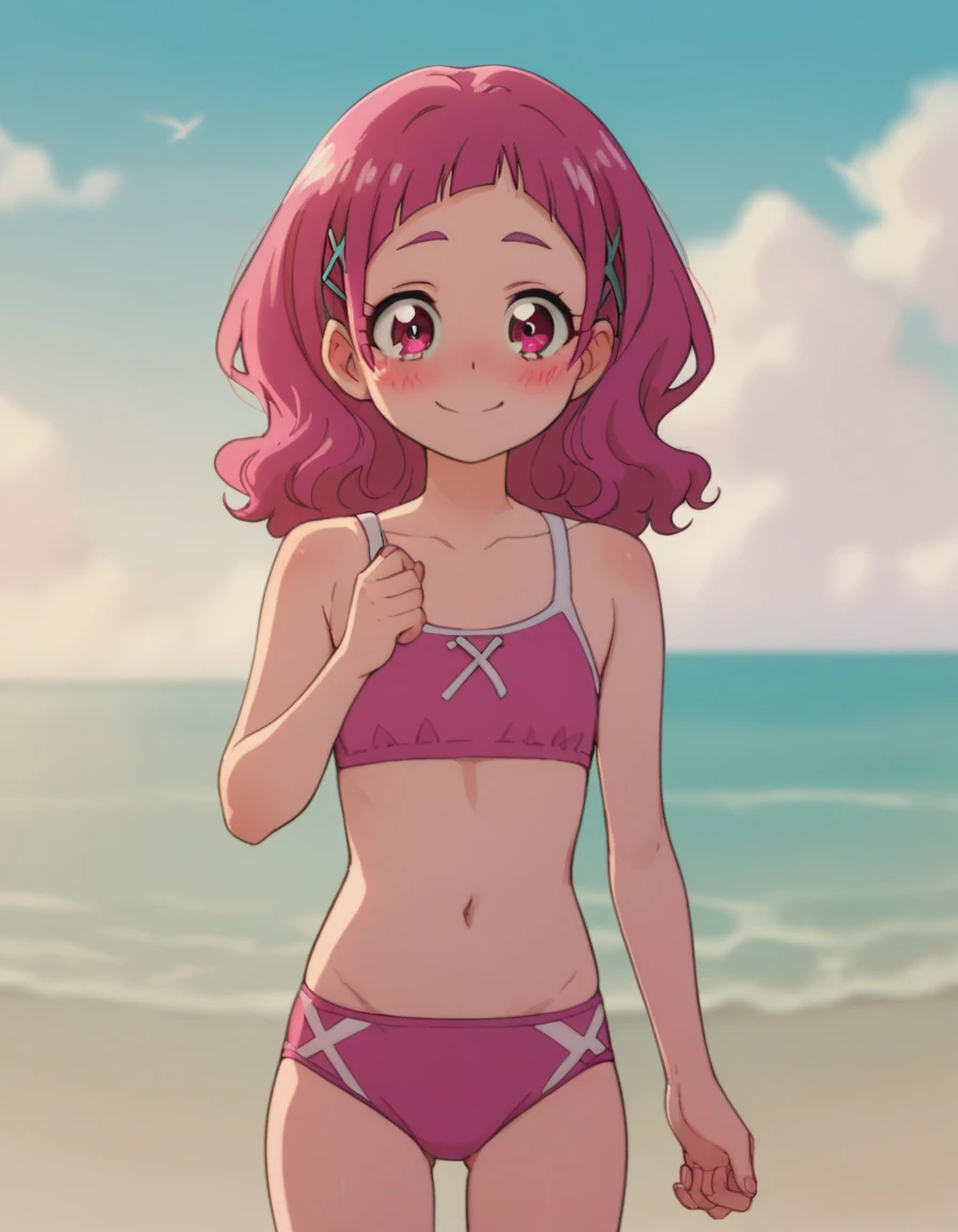 The 9th Hana, Pink Eye,  Pink Hair,  long hair,  Short Bang ,  hair clips,   x hair ornament 、 small chest, (cute pink swimsuit )、 High Quality , Alone、(sea),  Blushing , ( cowboy shot), (blush、smile))