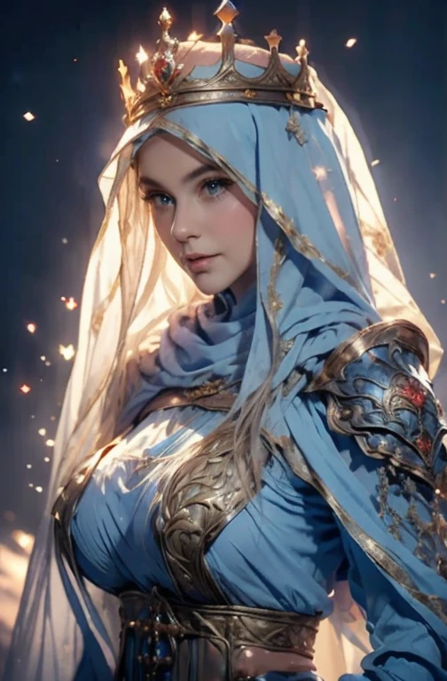 Erect nipples, wearing a hijab , luxury hijab,crown luxury , blue eye, blond hair, around , (gold ), tmasterpiece，Best quality at best，A high resolution，8K，((Portrait))，front (upper body)，Original photo，real photograph，digital photography，(Female princess in the medieval fantasy style), sexy princess ，blue eye， super colossal breast, round colossal breast ，open kissing lips，Keep your mouth shuegant and charming，((Blushing))，virgin contempt，Calm and handsome，(Medieval fantasy dress，The Beautiful super huge round breast, small waist, perfect colossal breast of princess body, a blue delicate pattern，silver Cloak)，(princes medieval character medieval fantasy style，oc render reflection texture, fighting style,  sexy colossal breast , medieval castle background, slim body, very small waist, hold sword 