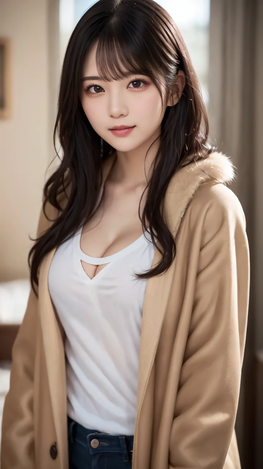 (Wear a T-shirt inner layer and a thick fur coat : 1.4), beautiful目, Idol, (Curly black hair  : 1.4), ( Delicate and realistic hair, 1 1 Realistic Hair), bangs,  natural colored lips, smile, ((white indoor)), indoor, ( 18 year old female  : 1. 2),  young and adorable Japanese face,  Official Art,  high definition  CG Unity 8k 壁紙, (masterpiece: 1.0) , ( best quality: 1. 0), ( best quality: 1. 0), Ultra  high definition ,4K, Very detailed,  photos with no restrictions,8k, NFFS W , high definition , Kodak Portrait 400, Film Grain , lens flare  グロー, best quality,8k, NFFS W :1. 2),  as a portrait shot,8k, Show viewer , ((masterpiece)), (( best quality)), ( super detailed), ((cute)), (Nice), (( sexy)), (( Very detailedな)), (detailed clothing features), 4K, (8k), (beautiful), Illustration, beautiful日本人の女性, ((1 female)), beautiful black hair, ( long hair:1.2), ((beautiful eyes)),  lens flare , (((Front View))), ((facing))、(Bold Cleavage : 1.1)