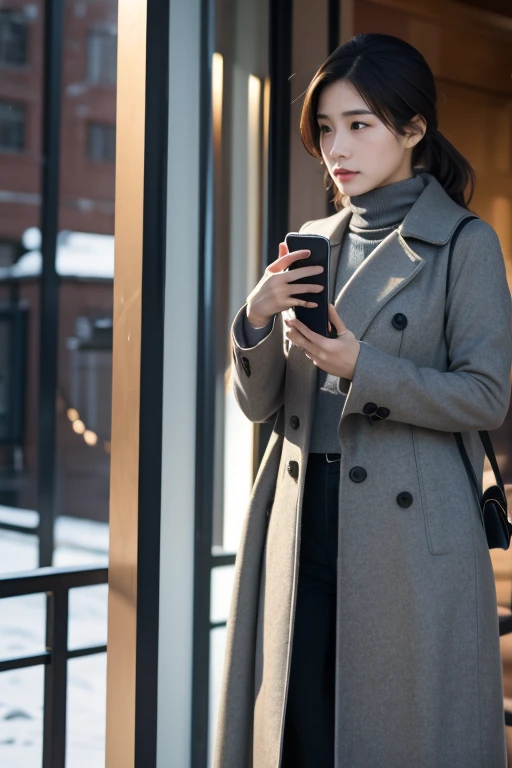 a woman in a coat and a scarf is holding a cell phone, tonalism, neoclassicism, inspired by Li Rongjin, grey turtleneck coat, grey tarnished longcoat, brown tuffle coat, tuffle coat, technological longcoat
