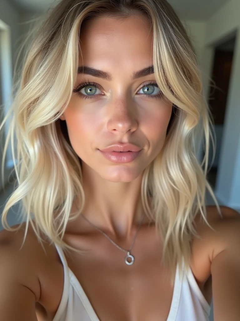Photoréaliste d’une femme incroyablement belle avec des cheveux blonds venteux et désordonnés, Dans le style de Panasonic Lumix S Pro 50mm F/1.4, beige clair et azur foncé, Mashups d’images de célébrités, Réalisme doux, barbiecore, Moteur irréel 5, 32k euh, Qualité lumineuse, Réalisme suisse, Niji 5