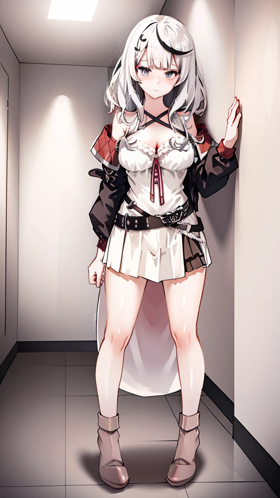 masterpiece), best quality, 1 Girl, Solitary, Clara, Collapse_Star_rail, White hair, Solid color background, permanent, whole body, barefoot,,Damaged clothes,underwear,