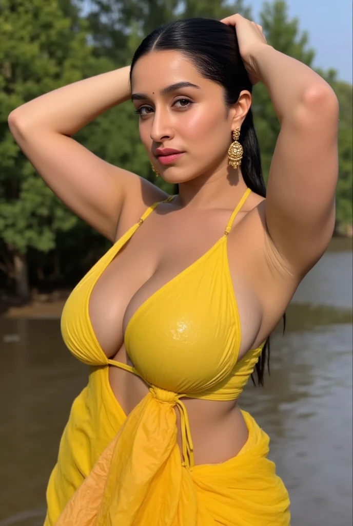 Looking at the viewer with sexy look, front view,Indian sexy bhabhi, wearing yellow glossy saree,tight yellow sleevless strapless bra, dancing outside in rain,dripped wet in rain, half drape saree,both hands on head showing dark hairy armpits,detailed wet skin,with hands up, showing dark armpits,showing nipple pokies flat stomach, popping out,Indian mature sexy voluptuous shape figure bhabhi 35 years old, big enomours gigantic humgous breast,hair bun,big ass,big bust,big breast,showing deep huge cleavage,big fluffy breast coming out of tight string blouse,showing navel,(best quality,4k,8k,highres,masterpiece:1.2), ultra-detailed, (realistic,photorealistic,photo-realistic:1.37), detailed eyes, detailed lips, extremely detailed face, long eyelashes, realistic skin, beautiful colors, natural lighting, elegant pose, cinematic composition, detailed fabric,no jewellery