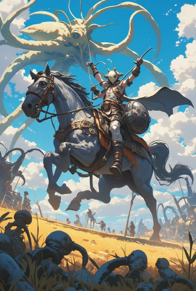  there is a man riding a horse wearing a plague mask, Squid,  3D Epic Illustrations , giant squid battling in the sky, Game key art, Steampunk riding a horse , Many tentacles, squid,  horse riding plague mask concept art ,  Detailed Game Art Illustration ,  Adventure Hyperrealistic Rendering、 Very detailed, 