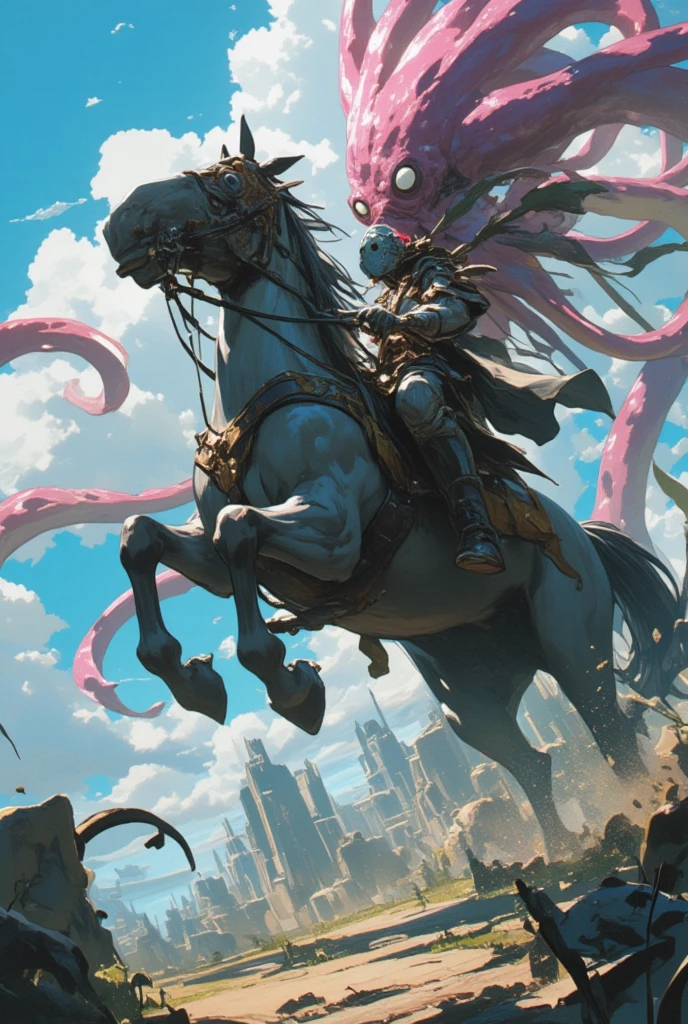  there is a man riding a horse wearing a plague mask, Squid,  3D Epic Illustrations , giant squid battling in the sky, Game key art, Steampunk riding a horse , Many tentacles, squid,  horse riding plague mask concept art ,  Detailed Game Art Illustration ,  Adventure Hyperrealistic Rendering、 Very detailed, 