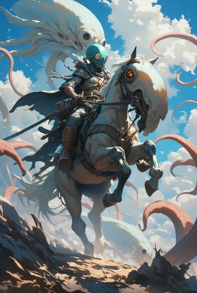  there is a man riding a horse wearing a plague mask, Squid,  3D Epic Illustrations , giant squid battling in the sky, Game key art, Steampunk riding a horse , Many tentacles, squid,  horse riding plague mask concept art ,  Detailed Game Art Illustration ,  Adventure Hyperrealistic Rendering、 Very detailed, 