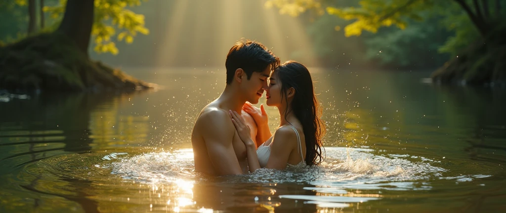 Oh sehun and Byun Baekhyun kissing passionately inside a stone pool with hot water inside, under the moonlight in the middle of a forest with beautiful trees