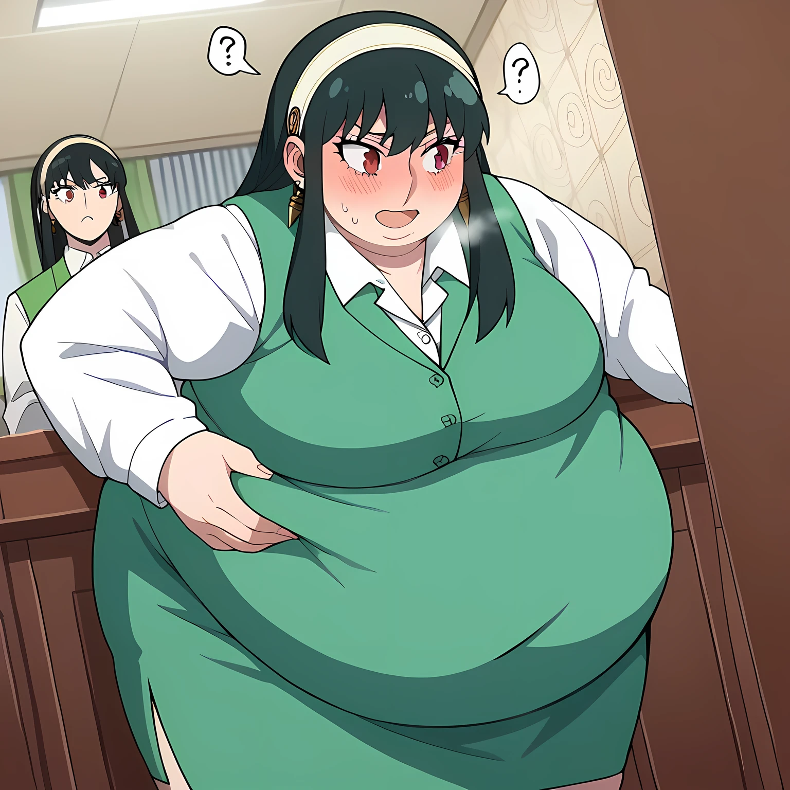 score_9, score_8_up, score_7_up, source_anime,
yorbriar, yor briar, black hair, red eyes, earrings, white hairband, hairband, long hair, sidelocks,
skirt, shirt, long sleeves, white shirt, earrings, collared shirt, vest, green skirt, pencil skirt, office lady, green vest,
indoors, smile, bent over,
looking at viewer, dutch angle, cowboy shot,  ,fat, chubby, obese, open mouth, out of breath, absurdres, highres icon, rating:General, confused, blush, spoken question mark, {flustered}, nervous sweating, portrait, pov hands, hand on another's belly, averting eyes, [looking away], straight-on, from below, swollen face, bulging belly
