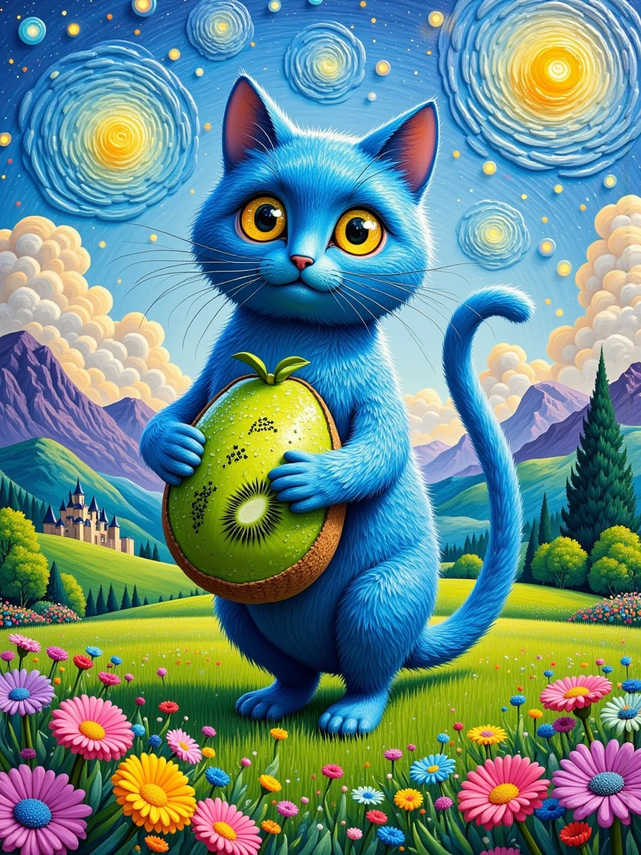 3D 3D oil painting，Van Gogh oil painting，Fingerprint oil painting，3D relief， A blue cat composed of kiwis and bas ， and its body is made of a giant kiwi Make up ， The green peel is smooth and shiny ， It is adorned with small black hairs ， It's like a blue cat's skin ， The whole scene is fun and vibrant ，Bright，Curved edges ， look very vivid 。 Its eyes are two shiny black grapes ， reveals gentleness and intelligence 。 This blue cat composed of kiwis and bas is standing on an emerald green meadow， with some ripe ones scattered around Kiwis and bas ， and a few large ba leaves ， as if it were a big friend in a tropical orchard 。Sunlight shines on it through the leaves， Water droplets on kiwis and bas reflect colorful light ， The whole scene is fun and vibrant ，整个画面色彩Bright， full of life and vitality ， and also shows the infinite charm of future technology 