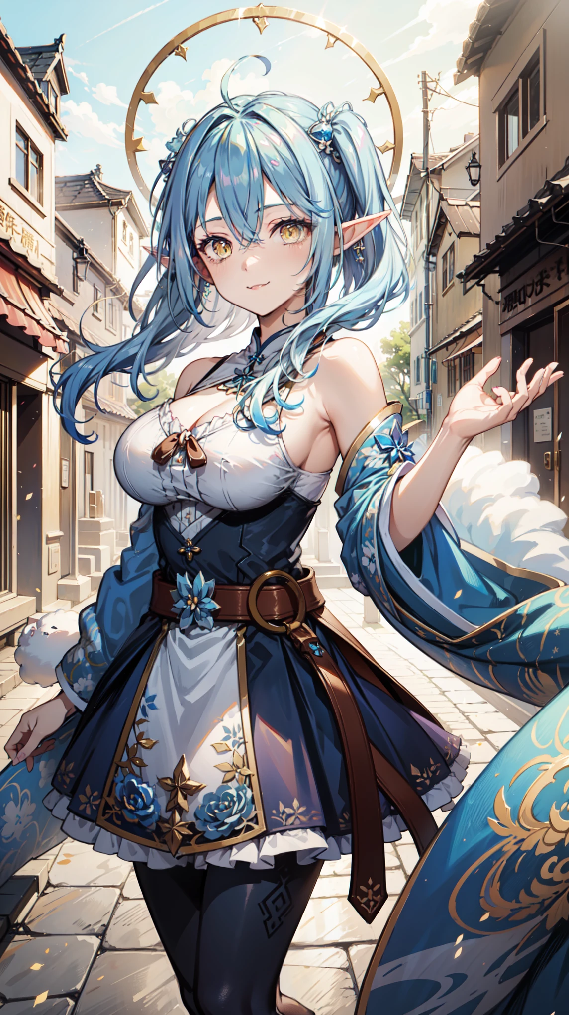 Anime Girl,   Fantasy Illustration  ,  blue dress ，Blue Japanese long skirt， transparent clothes， Beautiful young elf, Dark blue hair，Twin ponytails，Hair style editor ，have， happy ，beautiful fantasy anime , 闪亮 blue dress , Ethereal Anime, Beautiful anime works ,  Beautiful digital art ,  Anime Fantasy Art ，lamy，Assistant suit ，belt，，Tights， pantyhose ，Short skirt， cute shape, Medium Breast,  random troublesome girlfriend pose ,Lovely smile,Big cities、 golden eyes、Dye your hair、Powder blue hair、穿上带have毛皮的蓬松长外套、Female pose、 Blur Background 