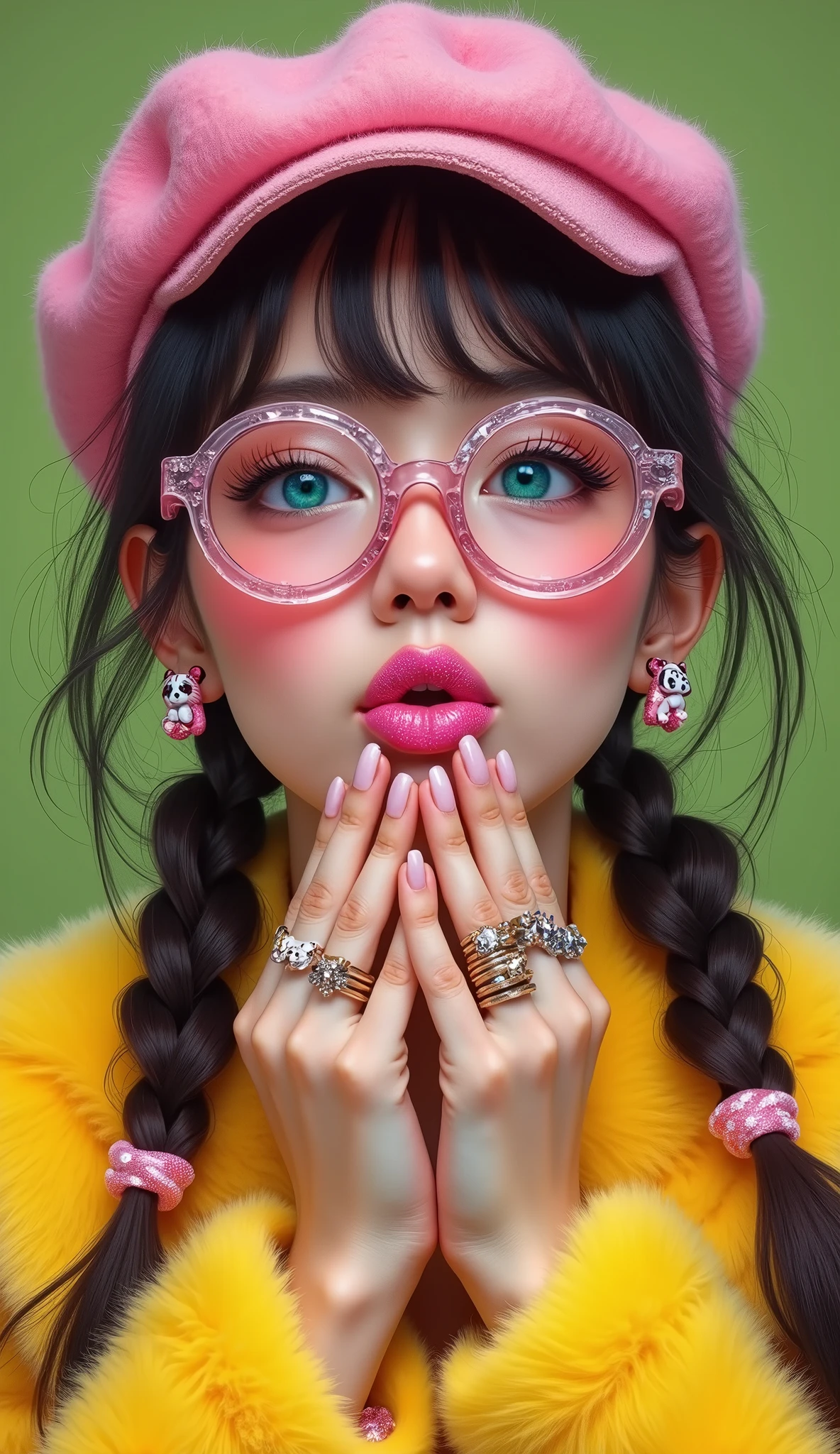  Close-up of a person wearing a hat with pink sequins and shiny glasses and round colored glasses She wears her index fingers close to her mouth, Put your lips as if you were going to kiss painted with pink glitter  ,  on her fingers she wears rings she wears a furry yellow fur coat ,  earrings with panda bears ,  she wears disheveled bangs and two twin braids on the sides of her shoulders ,  her eyes wide open beautiful and tender cyan she is European , olive green background  .,  digital art inspired by Yanjun Cheng  , tumblr, arte digital,  beautiful art style , Realistic kawaii portrait , beautiful digital art, lindo colorido adorable,  artwork in the style of Guweiz  , cute cartoon style,  detailed and cute digital art  , guweiz,  realistic painting of a pretty girl  , cute kawaii girl  , Beautiful cartoon