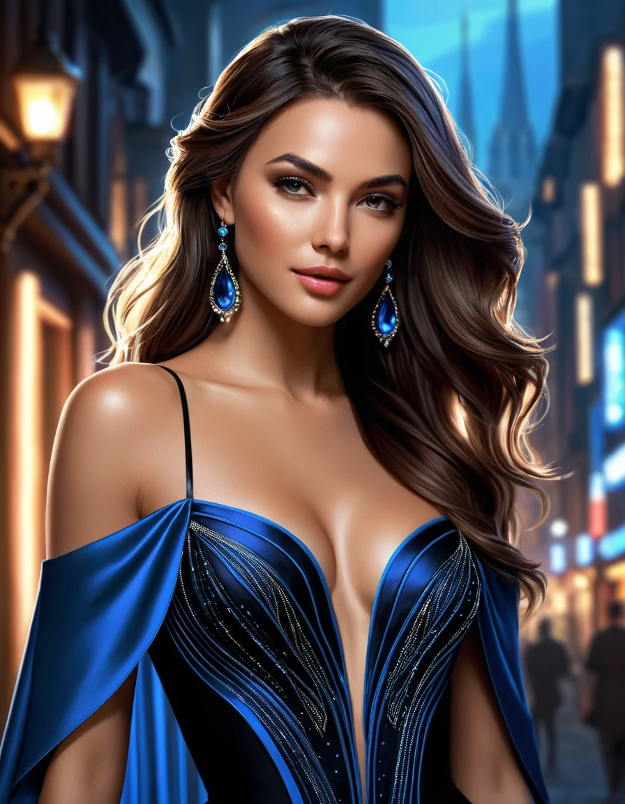 concept art, a masterpiece of artistic digital painting, . in as much detail as possible, the style of the masterpiece from Artgerm, WHEELOOP , Rutkowski, Monge is ultra-realistic, 2D,  ceremonial image of a woman in a black dress with blue light,  fantasy long intricate dress , elegant glamorous pose, glamorous pose профиля,  skinny black evening dress ,  in fantasy formal wear  ,  inspired by Eleonora Best ,  glamorous fashion pose , black dress, glamorous pose,  inspired by Elmir de Gorey , Elegant pose, flowing black dress,   game art matte painting ,  oil painting in high detail, hyperdetailed 3D matt painting , computer game scene ,wlop and andrei riabovitchev , charlie bowater и artgeem,  Edmund Blair and Charlie Bowter  , seductive cyberpunk dark fantasy,  High resolution commission , style of charlie bowater, Чарли Боуотер и Том Бэгшоу  realistic image , masterpiece,  artwork,  hyperrealistic , rendering ,  realistic physical rendering , hyper  realistic illustration,  realistic illustration, photorealistic detail  , hypper  realistic illustration, extreme realistic detail, photorealistic detail  ed picture, with unreal engine render concept art , ), Ultra-подробно and beautiful face,(  Gentle facial expression  :1.1), translucent white skin ,( realistic skin texture:1.1), , Bold design  , art design  ,красивый and подробно pattern,  detailed fabric texture ,  ((подробно backgroun профессиональная величественная масляная  realistic image , masterpiece,  artwork,  hyperrealistic , rendering ,  realistic physical rendering ,  photorealistic rendering ,  highly detailed ,  high-quality render ,  architectural rendering ,  very realistic 3D render ,  realistic image ,