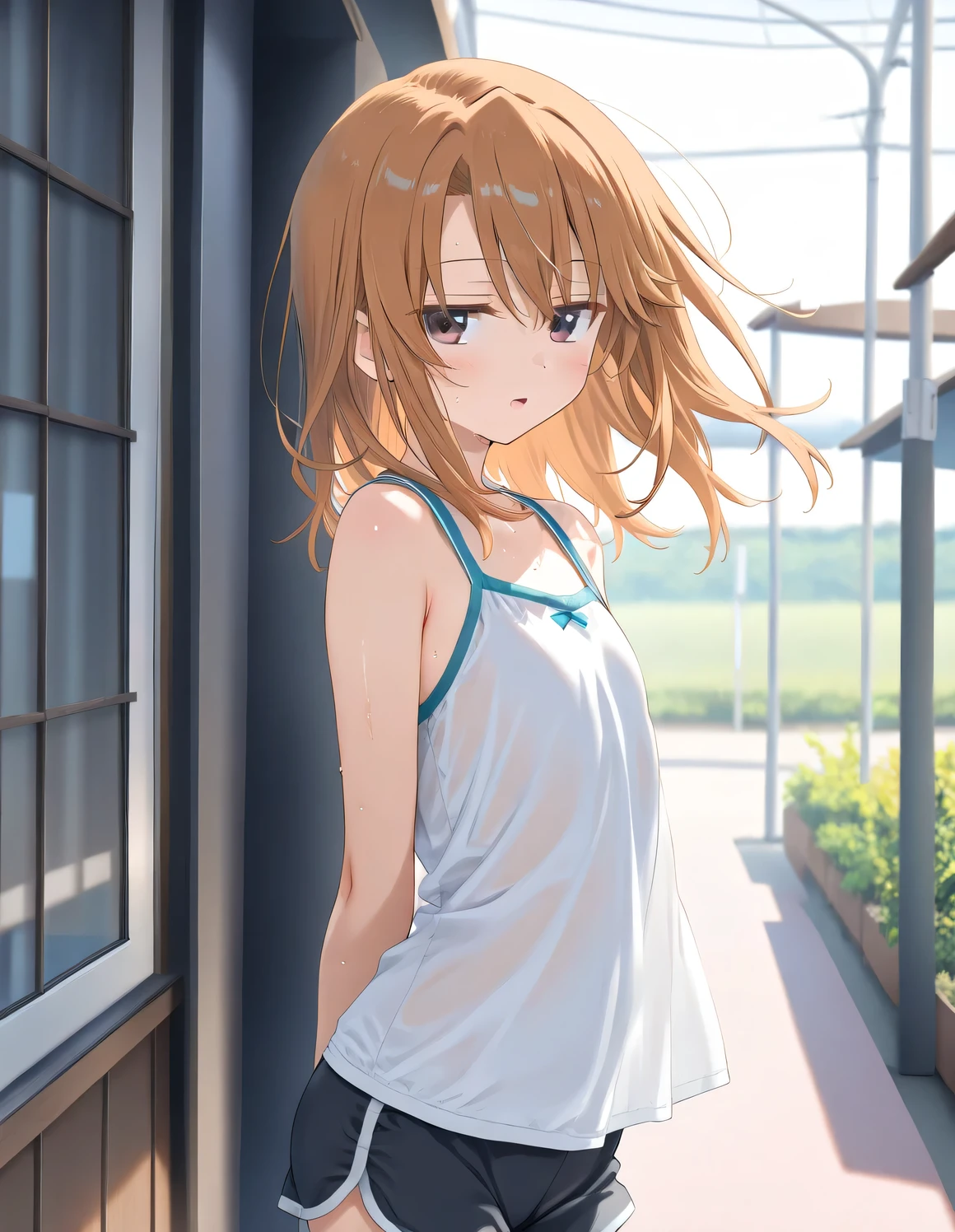 1girl, yuuki_haru, tomboy, medium hair, brown hair, flat chest, black eyes, jitome, shorts, open mouth, sweat, outdoors, wind, game CG break,((artist:shida_kazuhiro)),(artist:mitsumi_misato),(artist:fujiyama),,(masterpiece), (best quality), (ultra-detailed), very aesthetic, newest, beauty illustration,super detailed skin,  (masterpiece), (best quality), (ultra-detailed), very aesthetic lighting,hi res,absurd_res,2023,2024,(shaded),digital media (artwork), realistic lighting, 4k, 8k,photoshop_(medium),,best anime 8k konachan wallpaper, pixiv contest winner