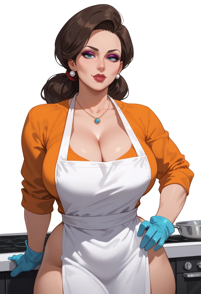 score_9, score_8_up, score_7_up, BREAK, 1girl, solo, breasts,  dextersmom, makeup, jewelry, gloves, shirt, apron, upper body, portrait, mature female, simple background, thick thighs, wide hips, big ass, showing buttcrack slightly, showing big butt, cleavage,in kitchen background,big hips