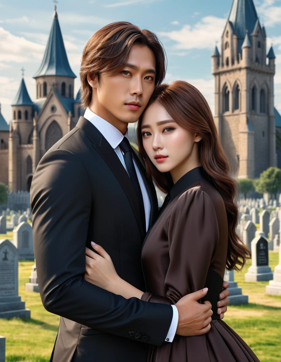  3D girl with blue eyes ,  brown long hair ,  in black modern trendy long beautiful funeral dress is worth crying, tears running down my cheeks,  hugs ((Korean man with brown eyes and brown short hair)),  in a black formal suit and a black silk shirt in the foreground is a large castle with a cemetery,  ecological gothic scene ,  3D rendering and oil painting , photorealistic dark concept art ,  highly realistic concept art,  3d matte painting rendering , gothic church background ,  highly detailed matte painting ,  cathedral background ,  game art matte painting ,  oil painting in high detail, hyperdetailed 3D matt painting 