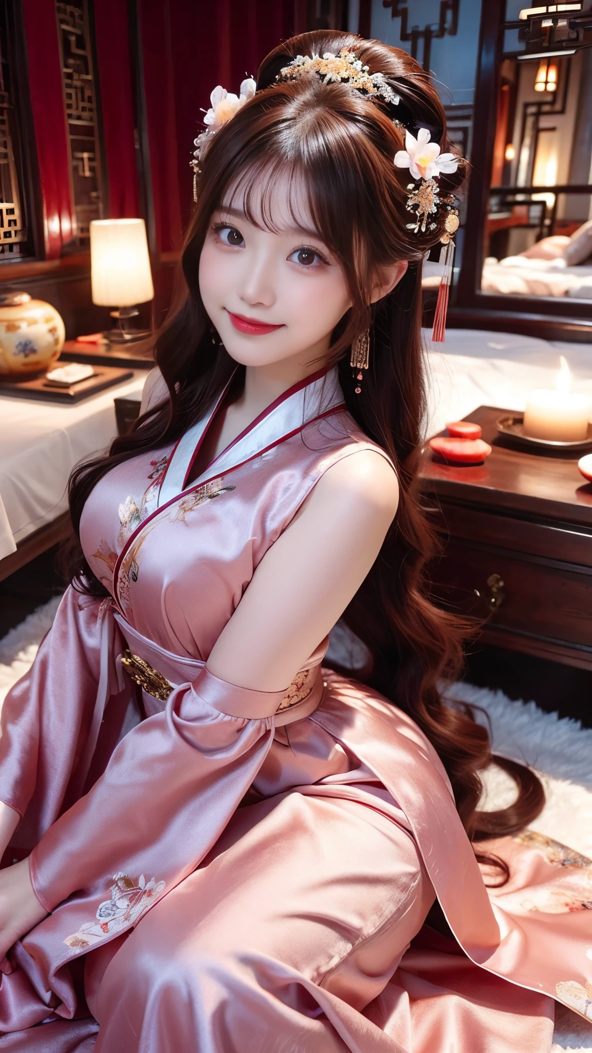 (masterpiece:1.4), (best quality:1.4), ultra high res, ultra high resolution, ((detailed facial features)), HDR, (realistic, photorealistic, photo-realistic:1.37), full body Esbian, sexy japanese model, (-anime), vivid colors, ((vivid colors multicolor (red, fuchsia) very short hair)), (happy smile), lip-gloss, long lashes, ultra detailed metallic makeup, defined eyebrows, wearing large sparkling colorful jewelery, wearing a red silk Paradise Kiss cosplay dress with black floral embroidery, ((vivid colors outfit)), vivid colors, look at the camera, cinematic light, large park background with trees, sweet and sexy pose