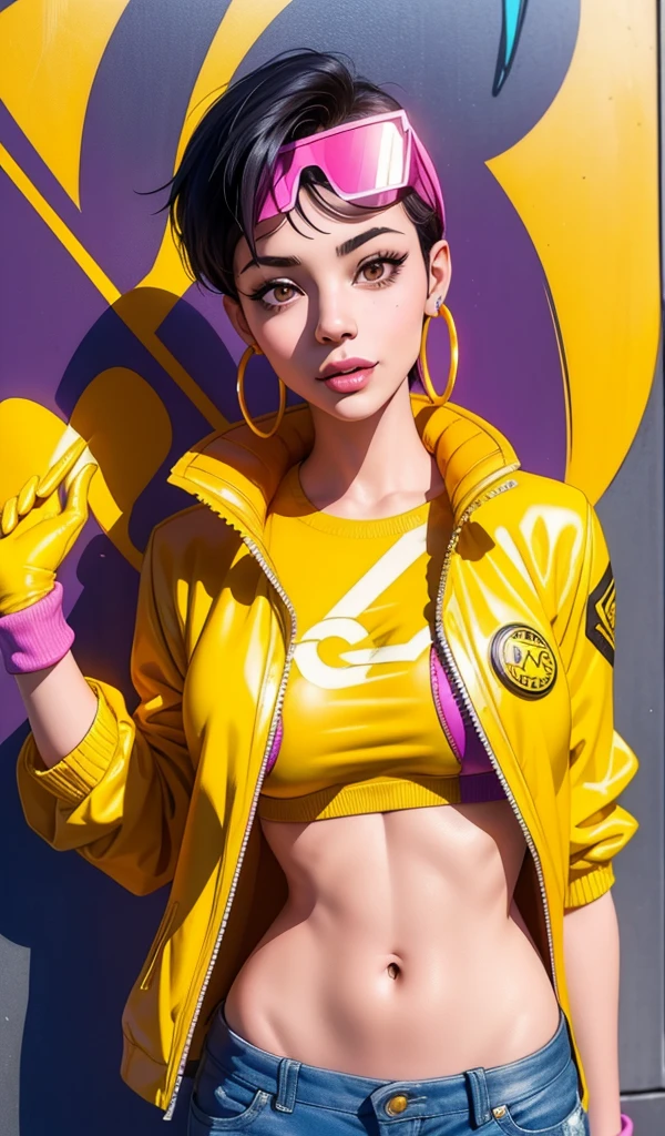 Jubilee,short black hair, brown eyes, solo, standing,  upper body,     covered nipples,   smile, 
jubJak,  open yellow jacket, purple shades on head, hoop earrings ,blue gloves, pink shirt, 
streets, chain fence,  retro,  graffiti, 
 (insanely detailed, beautiful detailed face, masterpiece, beautiful detailed eyes, best quality)