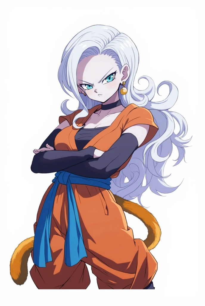 Kizi, gray hair ,forma beast, dragonball z, 80s style, アニメ, big boobies, white background, work of art, glued clothes, looking at the camera, smiling showing teeth, Eyes red, defined abdomen, frizzy hair,