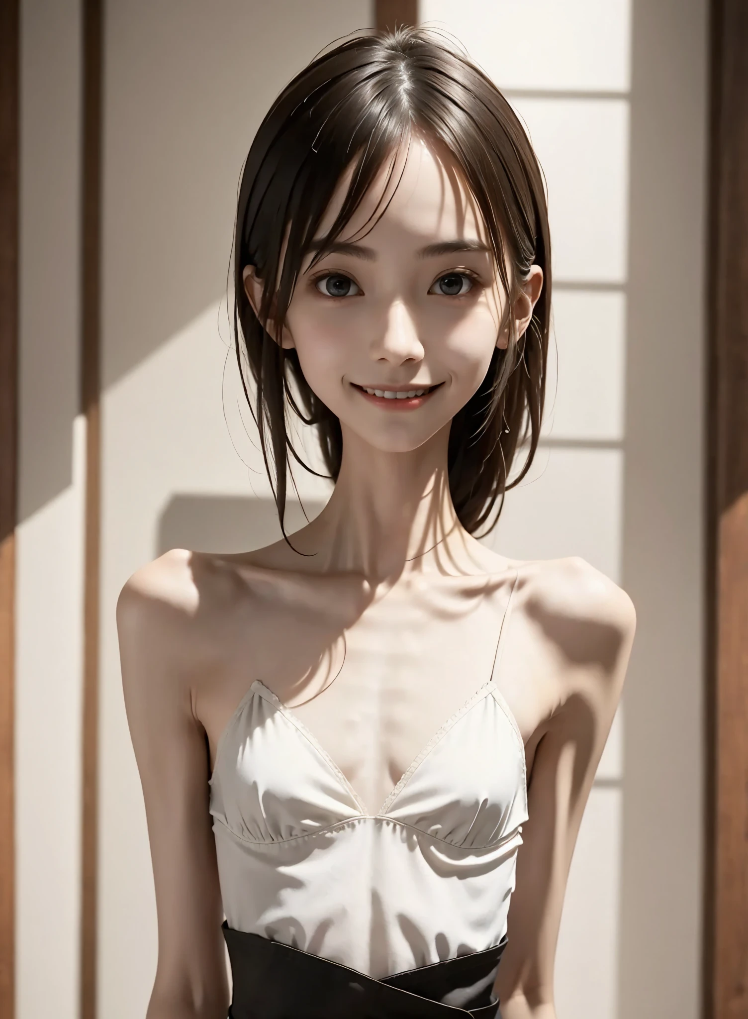 Thin arms,Narrow shoulders,delicate, very skinny ,公式art,  Unity 8k Wallpaper,  super detailed, beautiful, beautiful, masterpiece,  best quality, Darkness,  vibe, mystery, Romanticism, Creepy, literature, art, fashion,  victorian , race,  supernatural ,smile, white skin