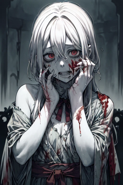 (masterpiece:1.2,   best quality ), (Actual Photos,  intricate details), (1 female, Alone,  upper body,  small breasts) ， horrible atmosphere 、Distorted facial expression、 horror art 、Bloodの雨、Bloodを流す、Bloodしぶき、悪魔のeye、redいeye、scar、、火scar、whole body、Broken Slave Clotheessy hair、（ long hair）、（eyeにかかる長さの前髪）、、 white hair 、（（（eyeの下のクマ）））、青白いskin、 I don't feel well 、pathology、邪悪な笑face、狂ったeye、（Green） Dramatic Makeup ， mixed media art、White background( year old zombie:1.2), horror 1 girl , open_mouth, , red_eye, Blood, _red_skin, bandage, injury, Blood_On top of that_face, bandageを巻いた_arm, Blood_On top of that_Clothes,  year old zombie, Blood_On top of that_hand