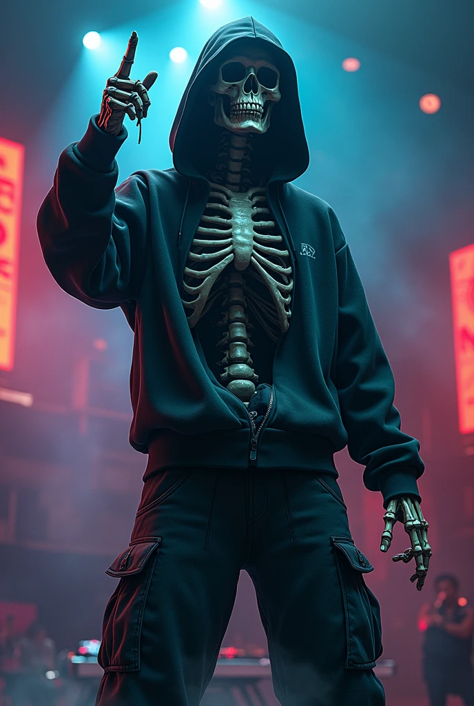 A skull face, wearing a yellow raincoat, with an 80s walkman and headphones. From the top of the image, a stylish sign "stranger things" na cor verde, with these letters "symphony of fear". The setting can be dark.