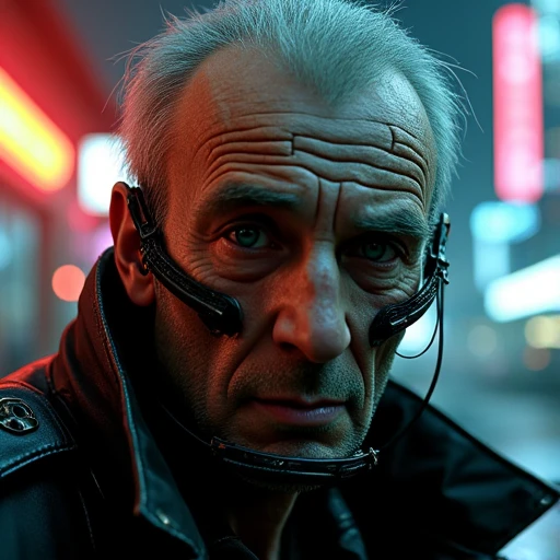 A realistic cyberpunk elder with electronic facial implants