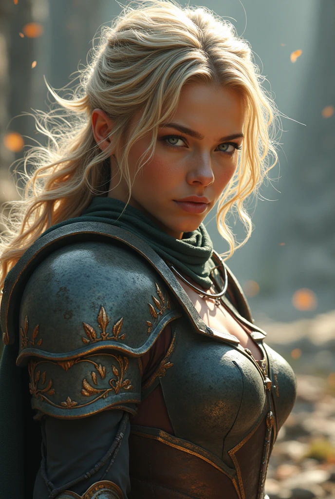 Blonde swordswoman character with blue eyes.