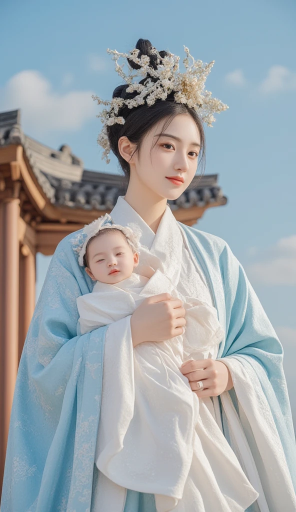 {{masterpiece,  best quality,  Extremely Detailed CG,  unity 8k wallpaper ,  movie lights}},  traditional Chinese ink painting in Changhan costume , 1 Girl, 1 baby,  Young Woman Holding a Baby, whole body, Ancient Architecture,  blue sky ,  sunny day, Wooden buildings,  Outstanding Protagonist ,  Smile,  big eyes,  Beautiful and Meticulous Eyes , ( big breasts , Rift), Hips,  looking at the audience , Long eyelashes,