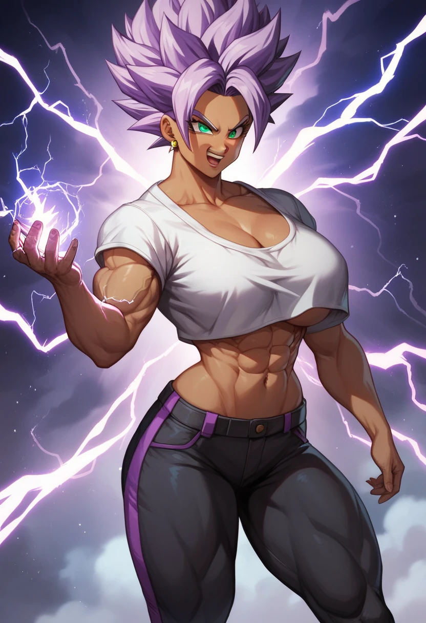 1girl, alone, Saiyan, spiky dark purple hair, green eyes, slim, slim waist, wide hips, dark skin, medium breasts, no clothes, naked, bobs, white t-shirt, black pants, super saiyan, lightning around, lightning purple, purple lightning around, energy around, ki energy, purple energy, yellow earring in the right ear, hakai, hakaishin