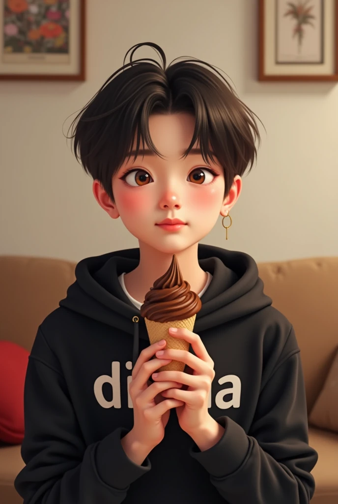 little girl eating ice cream.cute cartoon pattern, black and white lines, happy expression, cute print style, simple lines