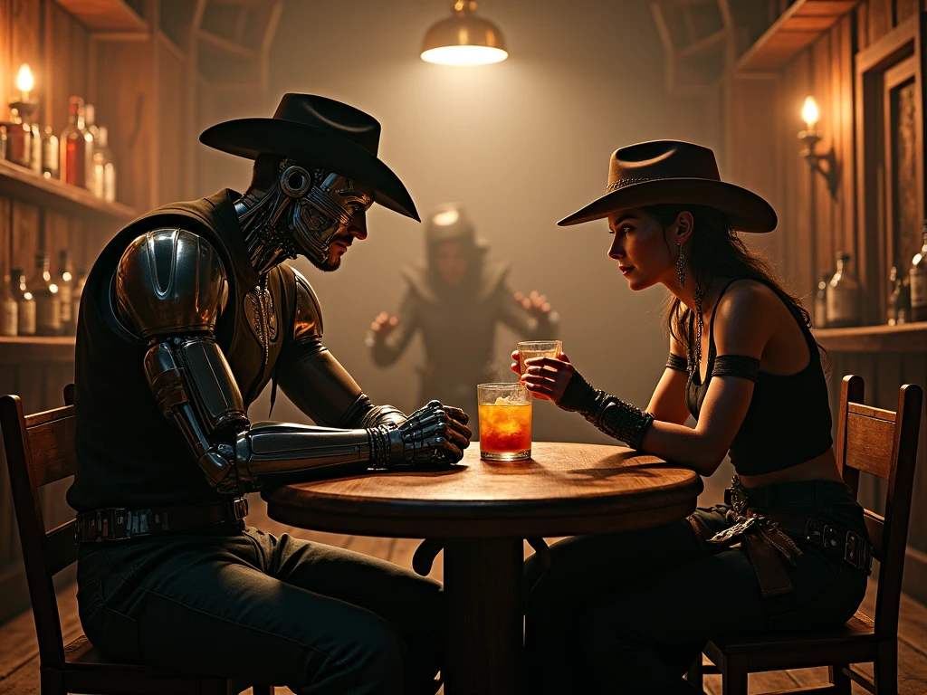 there are two people dressed up in costumes standing in a bar, cinematic still of westworld, benevolent android necromancer, behance contest winner, anthropomorphic _ humanoid, old west town, terror glow, nikon d 7 5 0, machine noir grimcore, by Laurie Lipton, duel between two cowboys, anatomically correct android, saguaro --auto --s2